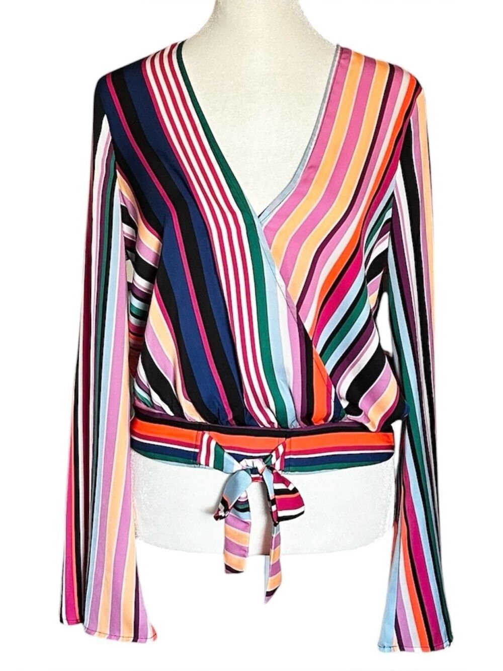 Express Multicolor Striped Bell Flare Sleeve Faux Wrap Blouse Top Size Small